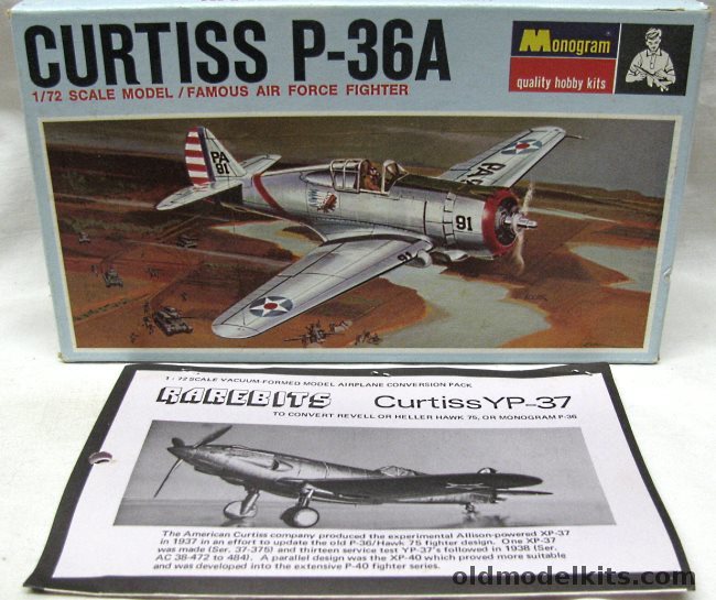 Monogram 1/72 Curtiss P-36A with Rarebits YP-37 Conversion - Blue Box Issue, PA145-70 plastic model kit